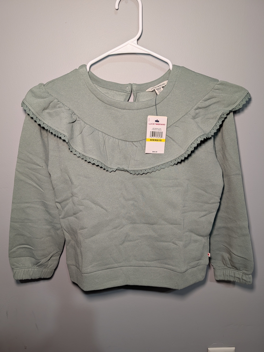 NWT Lucky Brand Girls Chinois Green Ruffle Sweatshirt M 8/10